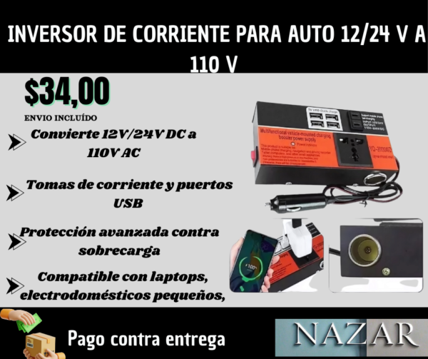 INVERSOR DE CORRIENTE PARA AUTO 12/24 V A 110 V